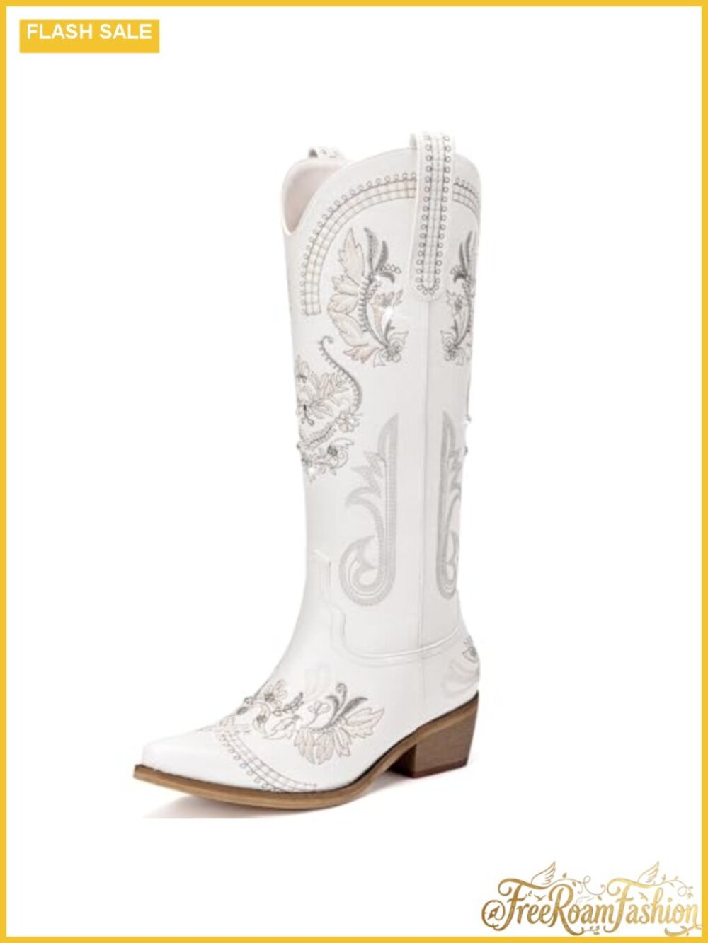 Knee High Cowboy Boots Faux Leather Rhinestone Embroidered Pointed Toe
